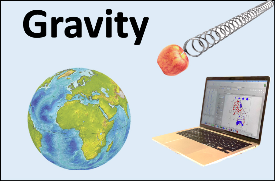 A illustration of gravity showing a globe, apple and computer with analysis.